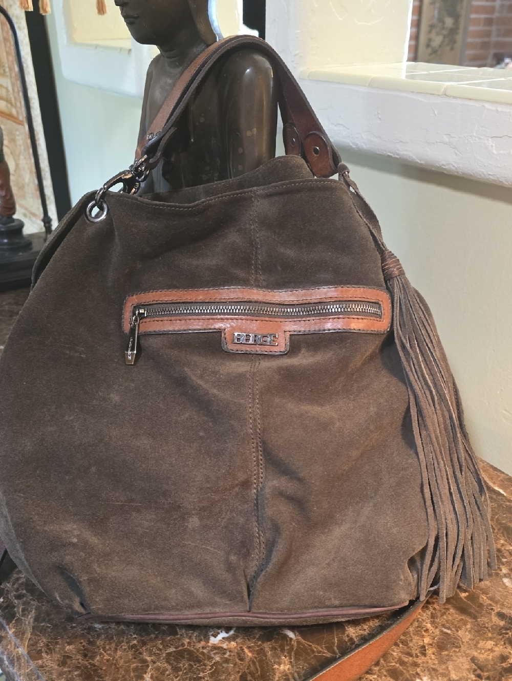Berge Khaki Suede Shoulder Duffel with Tassel Trim